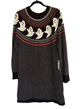 Modcloth Black Halloween Ghost Fair Isle Cozy Commitment Sweater Dress NWT XL